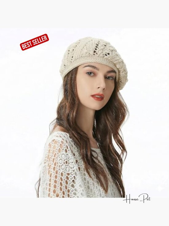 Crochet Beret Hat Handmade Floral Cutout Beanie Slouchy main image 4
